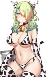 Rule 34 | 1girl, absurdres, animal ears, animal print, antlers, bell, bikini, breasts, bucket, ceres fauna, closed mouth, cow ears, cow horns, cow print, cow print bikini, cow tail, cowbell, elbow gloves, flower, gloves, green hair, hair flower, hair ornament, hair over one eye, highres, hololive, hololive english, horns, large breasts, long hair, milk, mole, mole under eye, navel, neck bell, print bikini, print gloves, rakku (rkrmz0n), sitting, smile, solo, stomach, swimsuit, tail, thighhighs, virtual youtuber, yellow eyes