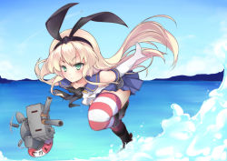 Rule 34 | 10s, 1girl, bad id, bad pixiv id, blonde hair, chiyami, elbow gloves, gloves, green eyes, highres, kantai collection, lifebuoy, long hair, rensouhou-chan, sea spray, shimakaze (kancolle), skirt, striped clothes, striped thighhighs, swim ring, thighhighs, thighs, water, waves