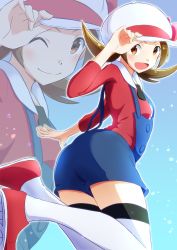 Rule 34 | 1girl, :d, absurdres, ass, blue overalls, blush, brown eyes, brown hair, commentary request, creatures (company), game freak, hand on headwear, hat, hat ribbon, highres, looking at viewer, looking back, lyra (pokemon), negimiso1989, nintendo, open mouth, overalls, pokemon, pokemon hgss, projected inset, red footwear, ribbon, shoes, smile, thighhighs, tongue, twintails, white headwear