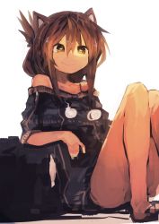 Rule 34 | 1girl, absurdres, animal ears, arm support, bare shoulders, black shirt, brown eyes, brown hair, cat ears, folded ponytail, hair between eyes, highres, inazuma (kancolle), kaamin (mariarose753), kantai collection, kemonomimi mode, legs, no pants, off shoulder, pom pom (clothes), shirt, sidelocks, simple background, sitting, smile, solo, white background