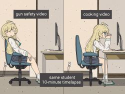Rule 34 | 1girl, blonde hair, chair, closed eyes, commentary, english commentary, grey skirt, highres, keyboard (computer), long hair, meme, monitor, mouse (computer), office chair, open mouth, own hands clasped, own hands together, parisetya, pleated skirt, sailor, same student timelapse (meme), shoes, shoujo shuumatsu ryokou, skirt, sleeping, smile, socks, swivel chair, white socks, yuuri (shoujo shuumatsu ryokou)