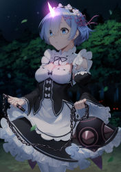 Rule 34 | 1girl, absurdres, artist name, blue eyes, blue hair, breasts, chain, colored eyelashes, commentary, detached sleeves, dress, english commentary, flail, forest, frilled dress, frilled sleeves, frills, glowing horns, hair ornament, hair over one eye, headdress, highres, horns, looking away, maid, medium breasts, nature, night, oni, outdoors, re:zero kara hajimeru isekai seikatsu, rem (re:zero), roswaal mansion maid uniform, sasoura, short hair, single horn, solo, tree, underbust, weapon, wide sleeves, x hair ornament