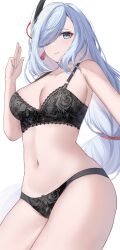 Rule 34 | 1girl, aqua eyes, bare shoulders, black bra, black panties, blue eyes, blush, bra, breasts, cleavage, commentary request, cowboy shot, genshin impact, gradient eyes, hair ornament, hair over one eye, hand up, highres, lace, lace-trimmed bra, lace-trimmed panties, lace trim, large breasts, long hair, looking at viewer, multicolored eyes, navel, nyuu (pixiv12143565), one eye covered, panties, partial commentary, shenhe (genshin impact), solo, standing, stomach, thighs, underwear, underwear only, very long hair, white background, white hair