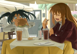 Rule 34 | 2girls, black hair, blue eyes, brown hair, chair, charlotte e. yeager, drink, drinking straw, eating, closed eyes, food, fork, francesca lucchini, french fries, burger, knife, long hair, military, military uniform, multiple girls, open mouth, plate, quick10 117117, rikizo, sitting, strike witches, table, twintails, uniform, world witches series