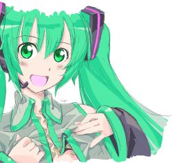 Rule 34 | 1girl, blush, detached sleeves, green eyes, green hair, hage, hatsune miku, highres, long hair, matching hair/eyes, open mouth, simple background, smile, solo, vocaloid, white background