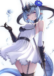 Rule 34 | 1girl, black horns, blue hair, breasts, commentary request, dragon girl, dragon horns, dragon tail, dress, flower, gauntlets, granblue fantasy, hair flower, hair ornament, headpiece, highres, holding, holding polearm, holding weapon, horns, looking at viewer, medium breasts, pink eyes, pointy ears, polearm, rose, short hair, simple background, single strap, solo, tail, thighs, weapon, white background, white dress, whitefrost dragonewt filene, ym (distance819)
