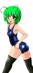 Rule 34 | 1girl, absurdres, antennae, ass, bad id, bad pixiv id, female focus, green eyes, green hair, highres, long image, looking back, matching hair/eyes, one-piece swimsuit, school swimsuit, shiny clothes, short hair, skindentation, solo, swimsuit, tall image, tera hiroshi, thighhighs, touhou, wriggle nightbug