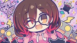 Rule 34 | 1girl, android, breasts, brown eyes, brown hair, chibi, commentary request, glasses, happy birthday, head tilt, hololive, hood, hoodie, hoshikuzu no yoru, looking at viewer, mechanical hands, medium breasts, one eye closed, open mouth, paw print, pink hoodie, roboco-san, roboco-san (hoodie), robosaa (roboco), smile, solo, teardrop-framed glasses, upper body, virtual youtuber