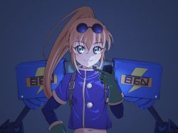Rule 34 | 1girl, blue eyes, breasts, brown hair, cellphone, eyewear on head, gloves, highres, holding, holding phone, kaien advance, long hair, looking at viewer, mechanical arms, navel, phone, ponytail, precis neumann, simple background, small breasts, smile, solo, star ocean, star ocean the second story