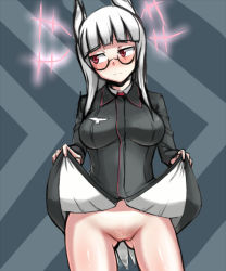 Rule 34 | 1girl, blush, breasts, female pubic hair, glasses, heidimarie w. schnaufer, hirschgeweih antennas, large breasts, long hair, military, military uniform, no panties, pubic hair, pussy, red eyes, solo, strike witches, the-k, uncensored, uniform, white hair, world witches series