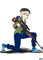 Rule 34 | 1girl, absurdres, adidas, artist request, backpack, bag, blonde hair, blue eyes, calm, camouflage, dragunov svd, full body, gun, hat, highres, military, military uniform, original, pants, rifle, scope, shirt, shoes, simple background, sneakers, sniper rifle, socks, solo, striped clothes, striped shirt, svd, telnyashka, track pants, uniform, weapon, white background