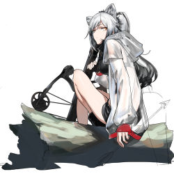 Rule 34 | 1girl, animal ears, arknights, arrow (projectile), bare legs, black footwear, black hair, black shorts, bow (weapon), breasts, cat ears, closed mouth, commentary, crop top, crossbow, full body, holding, holding arrow, holding bow (weapon), holding crossbow, holding weapon, hood, hooded jacket, jacket, log, long hair, looking at viewer, medium breasts, multicolored hair, open clothes, open jacket, orange eyes, parted bangs, partially colored, ponytail, schwarz (arknights), see-through, short shorts, shorts, silver hair, simple background, sitting, sitting on log, solo, tdc24, thighs, two-tone hair, weapon, white background, white jacket