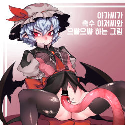Rule 34 | 1girl, absurdres, ascot, ass, bad id, bad pixiv id, bat wings, black hat, black thighhighs, blouse, blue hair, bottomless, bow, bowtie, breasts, brooch, center frills, clenched teeth, commentary request, cup, feet out of frame, frills, gradient background, grey hat, hair between eyes, hat, hat ribbon, highres, holding, holding cup, jewelry, korean commentary, korean text, looking at viewer, mob cap, navel, nyong nyong, pointy ears, puffy short sleeves, puffy sleeves, red background, red eyes, red neckwear, red ribbon, remilia scarlet, ribbon, shirt, short hair, short sleeves, sitting, small breasts, solo, spread legs, teacup, teeth, tentacles, thighhighs, thighs, top hat, torn clothes, torn thighhighs, touhou, translation request, tsurime, white background, wing collar, wings