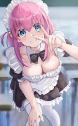 Rule 34 | 1girl, absurdres, ahoge, apron, bent over, black bow, black dress, bocchi the rock!, bow, breasts, cleavage, cube hair ornament, dress, gotoh hitori, hair ornament, highres, large breasts, looking at viewer, maid, maid apron, maid headdress, pantyhose, smile, solo, v, white pantyhose, yami anko