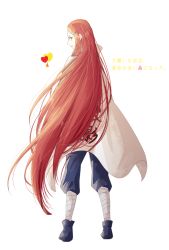 Rule 34 | 1girl, bad id, bad pixiv id, cape, coat, cosplay, costume switch, from behind, full body, hair ornament, hairclip, heart, japanese text, long hair, looking back, namikaze minato, namikaze minato (cosplay), naruto (series), naruto shippuuden, red hair, solo, suzu (tg 390), szk sssk, text focus, translation request, uzumaki kushina, very long hair, white background