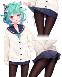 Rule 34 | 1girl, ahoge, alternate costume, animal ear fluff, animal ears, aqua neckwear, ass, black pantyhose, black ribbon, blue hair, blue skirt, blush, cardigan, cat ears, clothes lift, commentary request, cowboy shot, flat chest, gradient hair, green hair, hair ornament, hair ribbon, highres, hololive, k mugura, kemonomimi mode, lifted by self, long sleeves, looking away, looking to the side, lower body, medium hair, miniskirt, multicolored hair, multiple views, open mouth, panties, panties under pantyhose, pantyhose, pleated skirt, red eyes, ribbon, sailor collar, shirt, short twintails, sigh, simple background, skirt, skirt lift, skull hair ornament, translated, twintails, two-tone hair, underwear, uruha rushia, virtual youtuber, white background, white cardigan, white panties, white shirt