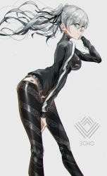 Rule 34 | 1girl, bandaid, bandaid on face, bandaid on nose, barcode, barcode tattoo, blue eyes, grey hair, hand on own cheek, hand on own face, hand on own thigh, highres, hip focus, jacket, leggings, long hair, looking at viewer, original, science fiction, skin tight, smile, solo, swav, tattoo, track jacket, twintails