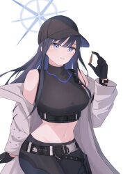 Rule 34 | 1girl, absurdres, armband, bare shoulders, baseball cap, belt, black belt, black gloves, black hair, black hat, black pants, black shirt, blue archive, blue eyes, blunt bangs, breasts, buckle, bullet, chest harness, coat, commentary, cowboy shot, crop top, gloves, groin, halo, hand up, harness, hat, highres, holding, holding bullet, holster, knife sheath, large breasts, long hair, long sleeves, looking at viewer, midriff, navel, no mask, off shoulder, pants, parted lips, pig (q1256354), saori (blue archive), sheath, shirt, simple background, sleeveless, sleeveless shirt, smile, snap-fit buckle, solo, standing, thigh holster, underbust, white background, white coat