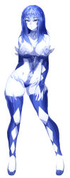Rule 34 | 1girl, argyle, argyle clothes, argyle legwear, barbariank, bare shoulders, blue eyes, blue hair, blush, breasts, bridal gauntlets, collarbone, colored skin, commentary, contrapposto, crystal, elbow gloves, english commentary, facial mark, full body, gloves, groin, hair between eyes, hand on own thigh, highres, ice queen (monster girl encyclopedia), large breasts, long hair, looking at viewer, monster girl, monster girl encyclopedia, monster girl encyclopedia ii, parted lips, solo, standing, thighhighs, tiara, transparent background, white background, white skin