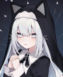 Rule 34 | 1girl, animal ears, blush, cropped, cross, eyes visible through hair, hair between eyes, long hair, muryotaro, nun, original, own hands together, parted lips, praying, scar, scar on neck, sleeves past wrists, solo, stitches, upper body, white eyes, white hair