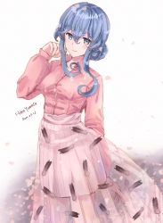 Rule 34 | 1girl, alternate costume, blue eyes, blue hair, casual, cherry, closed mouth, collared shirt, feather print, flower, food, fruit, gotland (kancolle), hair between eyes, hair bun, hand up, highres, himeyamato, kantai collection, long hair, long sleeves, looking at viewer, mole, mole under eye, nail polish, pink shirt, revision, see-through, shirt, sidelocks, single hair bun, skirt, smile, solo, standing, white background, wing collar, yellow nails