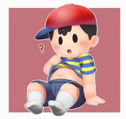Rule 34 | 1boy, :o, ?, baseball cap, belly, black hair, blue shorts, blush, child, clothes lift, hat, lifting own clothes, male focus, midriff, mizuki (sjsj 10), mother (game), mother 2, navel, ness (mother 2), nintendo, no shoes, plump, red background, red hat, shirt, shirt lift, shorts, simple background, sitting, socks, solo, striped clothes, striped shirt, t-shirt, white socks