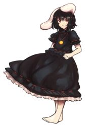 Rule 34 | 1girl, alternate color, animal ears, bad id, bad pixiv id, barefoot, black hair, blush stickers, dress, female focus, food, fruit, full body, grin, inaba tewi, jewelry, necklace, orange (fruit), rabbit ears, red eyes, short hair, simple background, smile, solo, touhou, tsukiori, white background