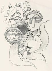 Rule 34 | 1girl, absurdres, ahoge, animal ears, carbohydrate (asta4282), commentary request, dog ears, dog tail, fang, bear trap, greyscale, highres, jewelry, looking at viewer, mitsugashira enoko, monochrome, multiple tails, off shoulder, open mouth, pendant, shirt, short hair, simple background, sketch, skirt, solo, tail, touhou, traditional media