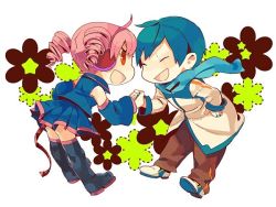 Rule 34 | 1boy, 1girl, 8&#039;108, blue hair, blue scarf, chibi, crossover, detached sleeves, drill hair, kaito (vocaloid), kasane teto, pink hair, red eyes, scarf, skirt, smile, thighhighs, twin drills, twintails, utau, vocaloid