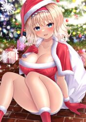 Rule 34 | 1girl, :d, alice margatroid, blonde hair, blue eyes, breasts, capelet, christmas, christmas tree, cleavage, frilled hairband, frills, fur trim, gloves, hairband, hat, highres, holding, holding sack, knees up, large breasts, lolita hairband, looking at viewer, open mouth, red capelet, red footwear, red gloves, red hairband, red headwear, reijing etrn, sack, santa costume, santa hat, short hair, sitting, smile, snowflakes, solo, thighs, touhou