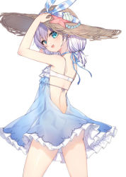 Rule 34 | 1girl, :d, arms up, backless dress, backless outfit, bad id, bad pixiv id, bare arms, bare shoulders, blue dress, blush, bra, brown hat, commentary request, dress, female focus, frilled dress, frills, from behind, green eyes, hair between eyes, hands on headwear, hat, hat ribbon, head tilt, honkai (series), honkai impact 3rd, long hair, looking at viewer, looking to the side, open mouth, ribbon, seashell, shell, silver hair, simple background, sleeveless, sleeveless dress, smile, solo, starfish, straw hat, striped ribbon, tama (tamatamo), theresa apocalypse, underwear, white background, white bra