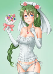 Rule 34 | 1girl, alternate costume, anti (untea9), blue eyes, bouquet, braid, bridal veil, commentary request, commission, corset, cowboy shot, elbow gloves, flower, garter belt, garter straps, gloves, gradient background, green background, green hair, heart lock (kantai collection), highres, kantai collection, long hair, looking at viewer, mole, mole under mouth, panties, side-tie panties, single braid, solo, twitter username, underwear, underwear only, veil, very long hair, white corset, white gloves, white panties, yuugumo (kancolle)