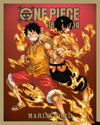 Rule 34 | 2boys, absurdres, bare arms, black eyes, black hair, clenched hand, clenched hands, denim, devil fruit, fighting stance, full body, hat, highres, injury, looking at viewer, manly, marineford, monkey d. luffy, multiple boys, official art, one piece, pectorals, portgas d. ace, red background, sandals, short hair, shorts, simple background, smile, standing, straw hat, title
