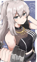 Rule 34 | 1girl, 1other, animal ears, bare shoulders, blue background, blush, border, breasts, character request, commentary, dumbbell, from side, grey eyes, grey hair, hair between eyes, highres, holding, hololive, kurikuriman, large breasts, lion ears, lion girl, long hair, looking at viewer, shishiro botan, signature, simple background, virtual youtuber, wavy mouth, white border