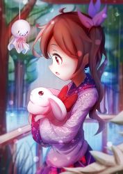 Rule 34 | 1girl, animal, bai qiao, blurry, blurry background, bow, brown eyes, brown hair, rabbit, floral print, highres, holding, holding animal, indoors, long hair, long sleeves, looking to the side, open mouth, original, profile, railing, rain, red bow, standing, teruterubouzu