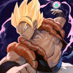 Rule 34 | 1boy, abs, arm up, aura, blonde hair, clenched hand, closed mouth, collarbone, dragon ball, dragonball z, energy ball, frown, furrowed brow, garrett hanna, gogeta, green eyes, male focus, metamoran vest, muscular, muscular male, pants, pectorals, saiyan, sash, serious, simple background, solo, spiked hair, stardust breaker, super saiyan, super saiyan 1, upper body, white pants