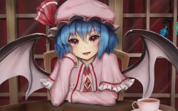 Rule 34 | 2girls, arm up, ascot, bat wings, blouse, blue hair, brooch, capelet, chair, cup, elbows on table, fangs, flandre scarlet, gem, hair between eyes, hand on own chin, hat, hat ribbon, head tilt, indoors, jewelry, long sleeves, looking at viewer, luke (kyeftss), mob cap, multiple girls, open mouth, out of frame, parted lips, pink capelet, pink headwear, pink shirt, red ascot, red eyes, red gemstone, remilia scarlet, ribbon, saucer, shirt, short hair, sitting, sleeves past wrists, slit pupils, solo focus, table, teacup, touhou, window, wings