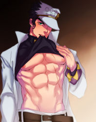 Rule 34 | 1boy, abs, aqua eyes, black hair, clothes in mouth, clothes lift, diamond wa kudakenai, earrings, hat, jewelry, jojo no kimyou na bouken, kuujou joutarou, less end, long coat, looking at viewer, male focus, mouth hold, muscular, muscular male, nipples, pectorals, scar, scar on chest, shirt in mouth, shirt lift, solo, turtleneck