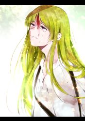 Rule 34 | 1other, androgynous, blood, blood on face, crying, enkidu (fate), fate/grand order, fate (series), green hair, kingu (fate), letterboxed, long hair, purple eyes, robe, solo, tears, very long hair, white robe