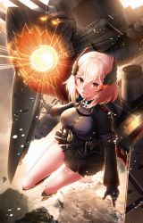 Rule 34 | 1girl, absurdres, armband, azur lane, black footwear, black skirt, blonde hair, boots, breasts, commentary request, cross, from above, hair between eyes, headgear, highres, iron cross, large breasts, long sleeves, looking at viewer, mechanical hands, military, military uniform, multicolored hair, open mouth, pleated skirt, red eyes, rigging, roon (azur lane), short hair, skirt, smile, solo, streaked hair, tenten (reliance0410), uniform