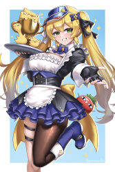 Rule 34 | 1girl, adapted costume, alternate costume, artist name, black gloves, black pantyhose, blonde hair, blue bow, blue bowtie, blue flower, blue nails, blue skirt, boots, bow, bowtie, breast strap, breasts, burnt green tea, chest strap, commentary, detached collar, dokibird (vtuber), dokibird (vtuber) (tomato), dragoon (dokibird), english commentary, enmaided, fingerless gloves, flower, foot out of frame, frilled shirt, frilled skirt, frills, gloves, green eyes, grin, highres, holding, holding tray, indie virtual youtuber, layered skirt, long hair, long sleeves, looking at viewer, maid, medium breasts, miniskirt, nail polish, offering hand, pantyhose, reaching, reaching towards viewer, shirt, signature, single leg pantyhose, skindentation, skirt, smile, solo, square neckline, standing, standing on one leg, thick thighs, thigh strap, thighs, tray, underbust, very long hair, virtual youtuber, visor cap, white shirt, wing collar