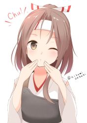 Rule 34 | 1girl, aibumi, brown eyes, hair ornament, headband, highres, incoming kiss, japanese clothes, kantai collection, light brown hair, looking at viewer, one-hour drawing challenge, one eye closed, ponytail, simple background, solo, zuihou (kancolle)