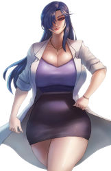 Rule 34 | 1girl, blue eyes, blue hair, bracelet, breasts, cleavage, collarbone, hair over one eye, hand on own hip, highres, himoo yuina, huge breasts, jewelry, lab coat, lipstick, long hair, looking at viewer, makeup, necklace, okai, aged up, pencil skirt, simple background, skirt, solo, standing, tokimeki memorial, tokimeki memorial 1, white background