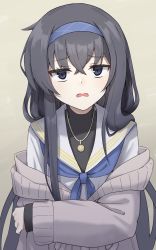 Rule 34 | 1girl, black hair, blue archive, blue hairband, blue neckerchief, cardigan, crossed bangs, grey background, grey cardigan, hair between eyes, hairband, highres, jewelry, long hair, long sleeves, looking at viewer, neckerchief, parted lips, ribbon, sailor collar, school uniform, serafuku, shinoyo, simple background, solo, ui (blue archive), upper body, very long hair, white sailor collar