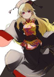 Rule 34 | 1girl, alternate eye color, animal print, belt, bird print, black background, black dress, black hat, blonde hair, blush, bow, bowtie, breasts, brown belt, chinese clothes, crescent, crescent print, dress, hair between eyes, hand up, hat, highres, junko (touhou), long hair, long sleeves, looking at viewer, mandarin collar, medium breasts, one-hour drawing challenge, phoenix crown, phoenix print, pink eyes, pom pom (clothes), ra mun5239, red tabard, simple background, smile, solo, standing, tabard, teeth, touhou, white background, wide sleeves, yellow bow, yellow bowtie