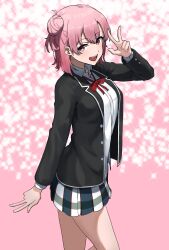 Rule 34 | 1girl, absurdres, black jacket, blazer, brown eyes, collared shirt, commentary request, cowboy shot, double v, from side, hair bun, highres, jacket, looking at viewer, looking to the side, natoriusu sansei, neck ribbon, open clothes, open jacket, pink background, pink hair, plaid, plaid skirt, pleated skirt, red ribbon, ribbon, school uniform, shirt, short hair, single side bun, skirt, sobu high school uniform, solo, sparkle background, standing, v, white shirt, yahari ore no seishun lovecome wa machigatteiru., yuigahama yui