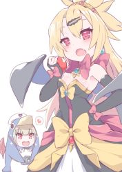 Rule 34 | 2girls, :d, :o, akatsuki uni, animal costume, apple, bare shoulders, bat wings, black dress, black gloves, black wings, blonde hair, blush, bow, breasts, cameltoe, cleavage, cosplay, crossover, demon wings, disgaea, dress, earrings, elbow gloves, fang, food, fruit, gloves, hair between eyes, hair ornament, hairclip, hand on own hip, hat, head tilt, heart, holding, holding food, holding fruit, jewelry, long hair, makai senki disgaea 2, multiple girls, natori sana, nurse cap, open mouth, p answer, partially fingerless gloves, penguin costume, prinny, prinny (cosplay), red apple, red bow, red eyes, red wings, rozalin, rozalin (cosplay), sana channel, small breasts, smile, sparkle, spoken heart, strapless, strapless dress, uni create, very long hair, virtual youtuber, white hat, wings