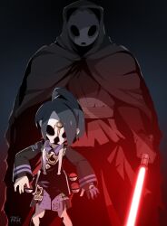 Rule 34 | 2boys, absurdres, ahoge, allister (pokemon), black hair, cloak, collared shirt, creatures (company), crossover, darth nihilus, energy sword, facing viewer, game freak, gloves, grey background, highres, holding lightsaber, holster, hunched over, lightsaber, long sleeves, male focus, mask, multiple boys, nintendo, partially fingerless gloves, poke ball, poke ball (basic), pokemon, pokemon swsh, r3dfive, red lightsaber, shirt, short hair, shorts, side slit, side slit shorts, single glove, sith, star wars, star wars: knights of the old republic, suspenders, sword, weapon