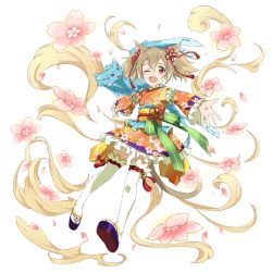Rule 34 | 1girl, ;d, animal ears, brown hair, cat ears, cat tail, flower, full body, hair ribbon, japanese clothes, kimono, kimono skirt, long hair, looking at viewer, mini dragon, multiple tails, obi, one eye closed, open mouth, outstretched arms, pina (sao), pink flower, red eyes, red ribbon, ribbon, sash, short twintails, silica, silica (sao-alo), smile, solo, sword art online, tail, thighhighs, transparent background, twintails, two tails, white thighhighs, yukata