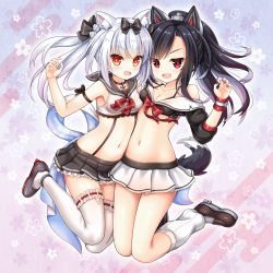 Rule 34 | 2girls, :d, absurdres, anchor choker, animal ears, arm ribbon, azur lane, bare shoulders, black bow, black choker, black hair, black sailor collar, black shirt, black skirt, bluebird (bluebird90), blush, bow, bowtie, breasts, bright pupils, brown footwear, brown hair, cat ears, choker, cleavage, crop top, fang, frilled skirt, frills, full body, grey footwear, hair bow, highres, leg warmers, long hair, looking at viewer, miniskirt, multiple girls, nail polish, navel, open mouth, orange eyes, pleated skirt, red bow, red eyes, red neckwear, ribbon, ribbon-trimmed legwear, ribbon trim, sailor collar, school uniform, serafuku, shigure (azur lane), shirt, shoes, skirt, sleeveless, sleeveless shirt, sleeves past elbows, small breasts, smile, stomach, suspender skirt, suspenders, tail, thighhighs, thighs, white hair, white legwear, white pupils, white sailor collar, white shirt, white skirt, wolf ears, wolf tail, yukikaze (azur lane)